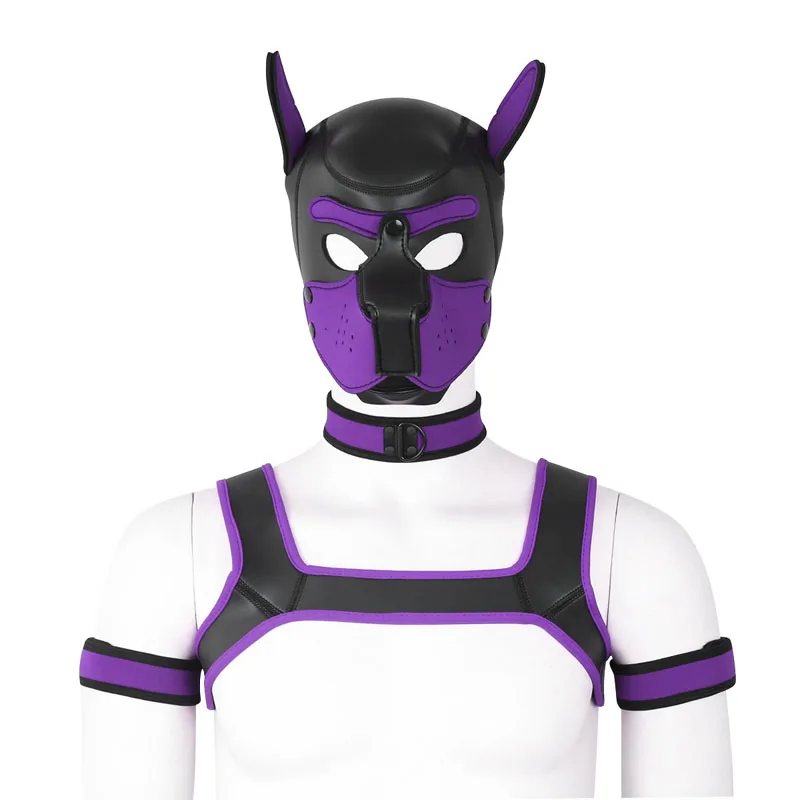 Сексуальный мужской латексный резиновый костюм для игры в щенка, удерживающий грудь, пояс, топ, собачий капюшон, ошейник, повязки на руку, фетиш одежда - Color: Purple Set