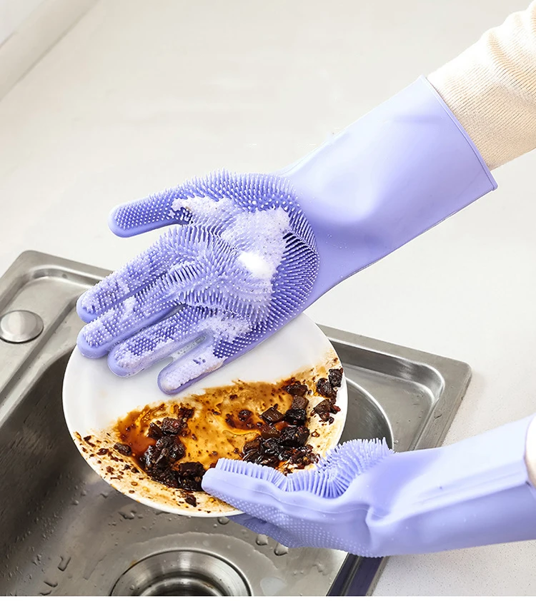 FANSON 1Pcs Silicone Dishes Washing Glove with Cleaning Brush Kitchen Housekeeping Washing Glove Food Grade Dishwashing Gloves