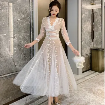 

New Arrival Spring Sexy V-neck Three Quarter Sleeve Mesh Embroidery hollow out Dress Elegant Draped Party Long Dresses vestidos