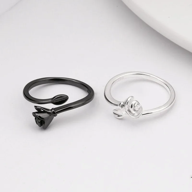 

Fashion Lady 925 Sterling Silver Ring Female Bride Wedding Accessories Girls Charm Black Rose Rings For Women Jewelry