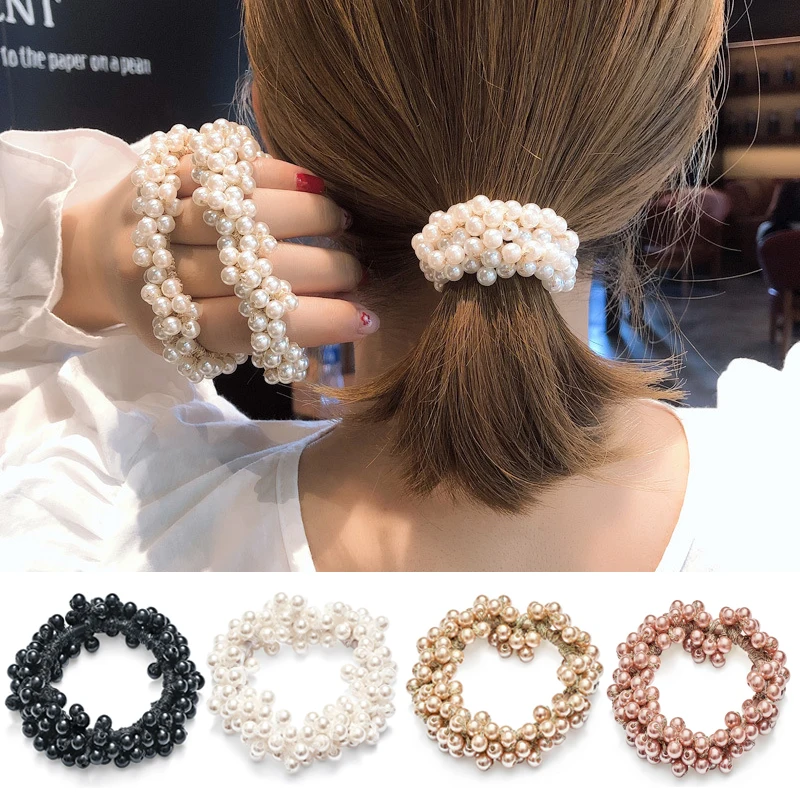 

Rubber Band Rope Elastic Girls Scrunchie Ponytail Holder Pearl Beads Women Hair Bands Ties Accessories for Women 4.7