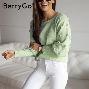 

BrryGo Elegant fur pompon sweater Autumn winter lantern sleeve knitted sweater female Streetwear ladies green pullover 2020