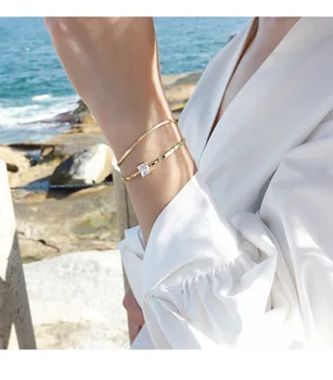 

Filluck 925 Sterling Silver Double Layer Chain Slim Bracelets Square Zircon Bracelets women's Fine Jewelry