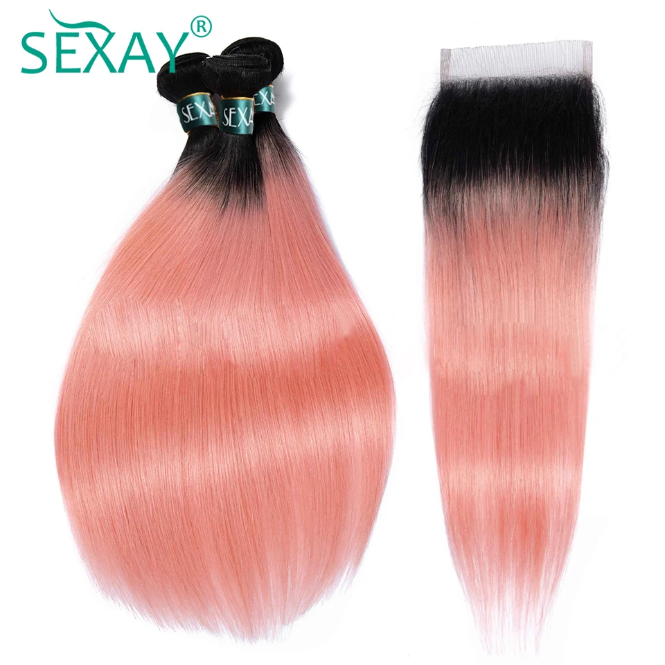 

SEXAY Light Pink Ombre Brazilian Straight Hair Bundles With Closure 4pcs/pack Pre Colored Remy Human Hair Bundles With Closure