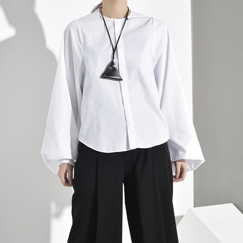 [EAM] Женская белая темпераментная блузка, новинка, круглый вырез, длинный рукав-фонарик, свободная рубашка, модный стиль, весна-осень JI5160