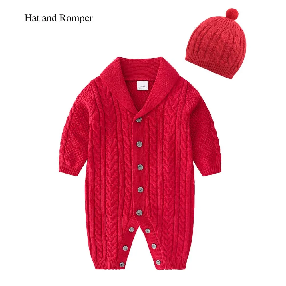 Red(with hat) Комбинезон с длинными рукавами для новорожденных мальчиков и девочек, трикотажный комбинезон, одежда, теплый милый зимний комбинезон для детей от 0 до 24 месяцев - Цвет: Red(with hat)