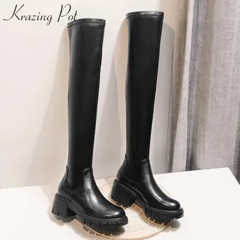 Krazing 냄비 빅 사이즈 암소 가죽 스트레치 무릎 위 부츠, 플랫폼 라운드 토 하이힐, 따뜻한 허벅지 높이 부츠, 겨울 여성