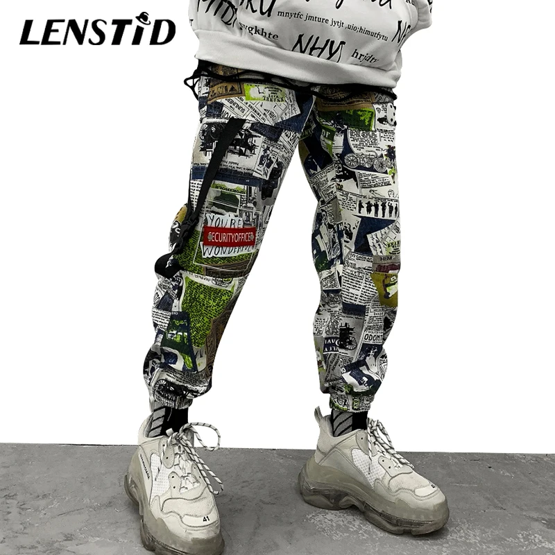 LENSTID Hip мужские уличные ленты с газетным принтом шаровары для бега Harajuku модные