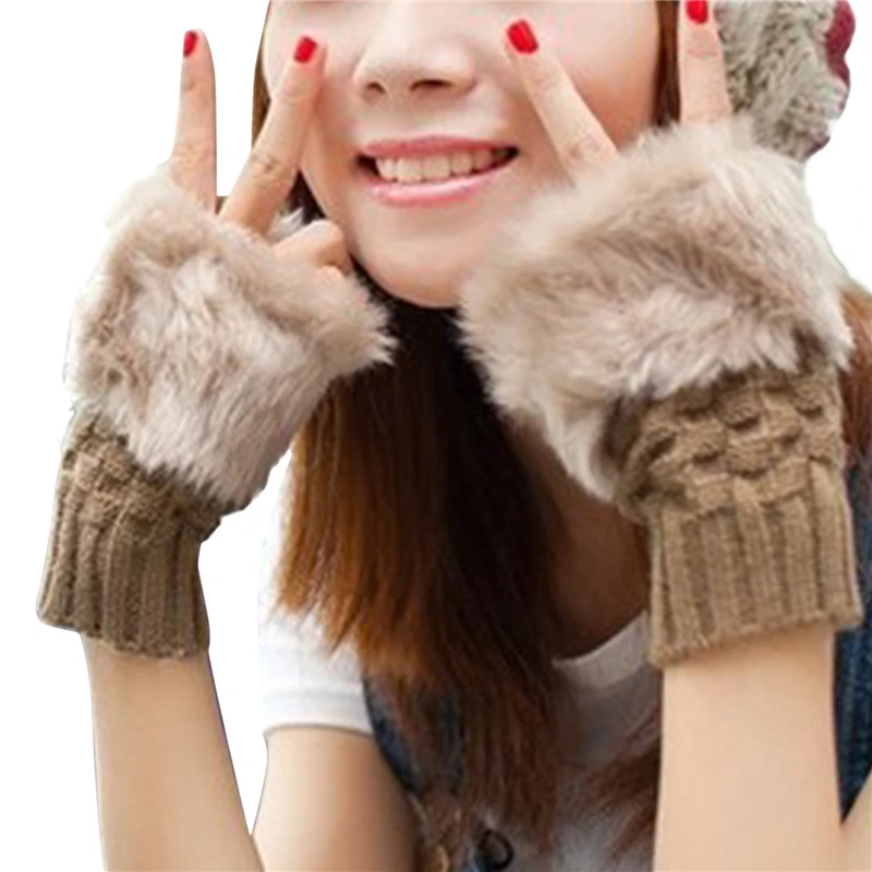

Winter Women Gloves Plush Faux Fur Knitting Wool Keep Warm Fashion Short Mitten Fingerless Lady Girl Half Finger Glove