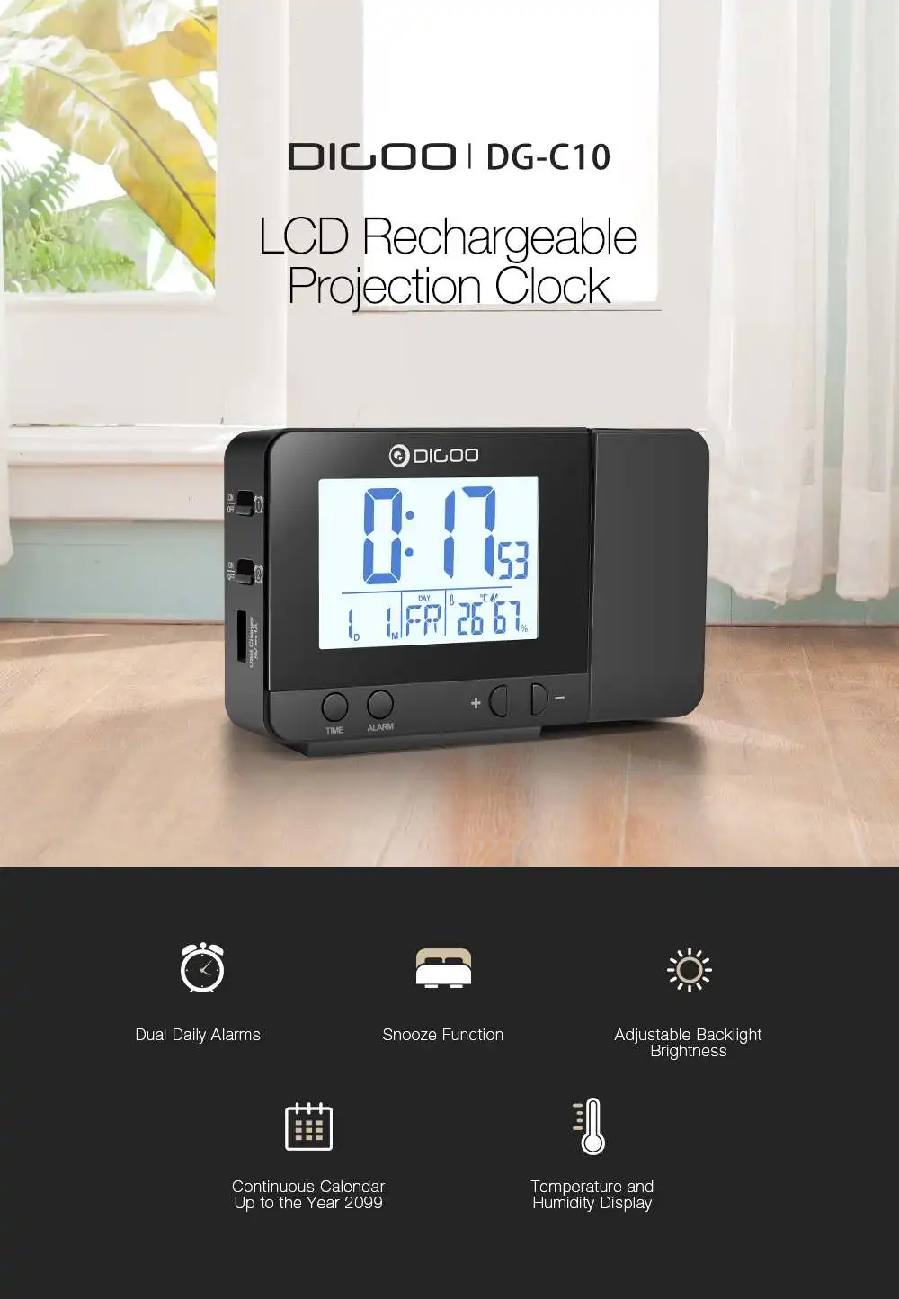 Digoo DG-C10 подсветка проекционные часы lcd Беспроводная перезаряжаемая USB дисплей температуры влажности настольные часы для телефона динамик