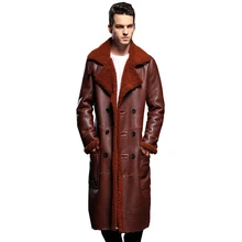 Новые Двойной Брестед овчины пальто с мехом мужской длинный тонкий утолщение натуральная кожа пальто мужчины с отложным воротником