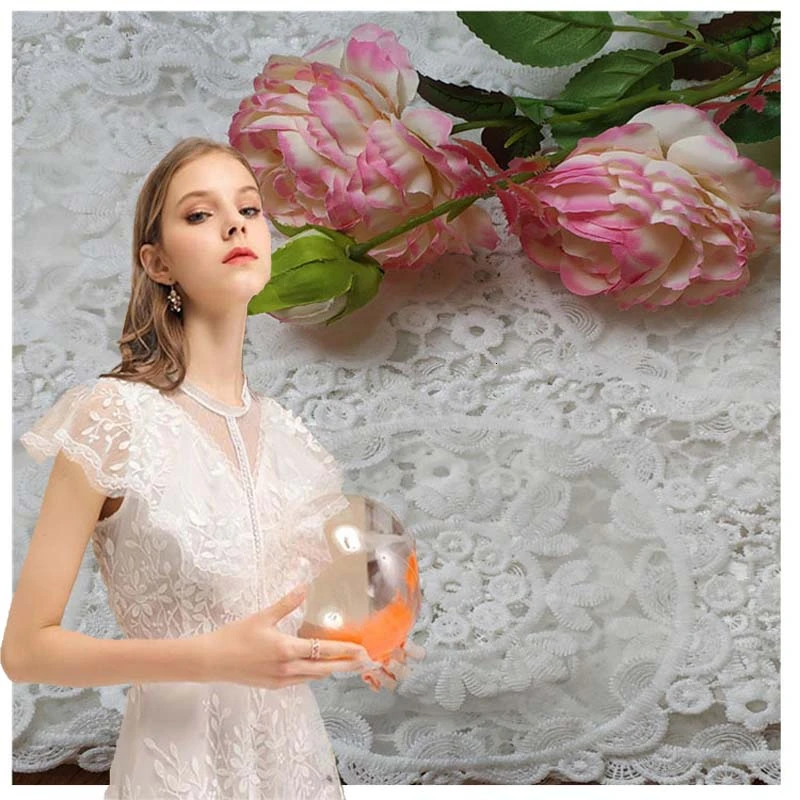 Белый геометрический круги выдалбливают Водорастворимая кружевная ткань для свадебного платья Африканский Базен riche getzner tissu telas stoffen