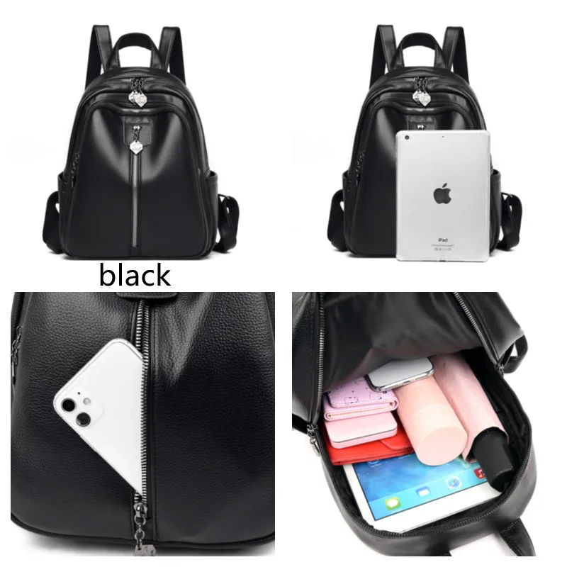 Women Leather Backpack 2022 Black Travel Shoulder Bag Soft School Bag For Teenage Girls Solid Color Rucksack Purse 6