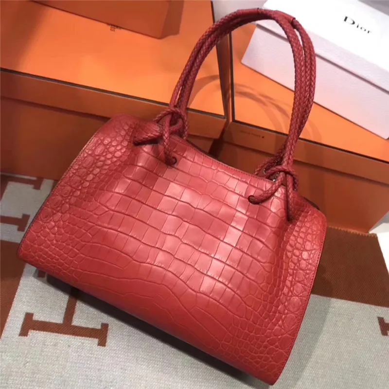 

Authentic Crocodile Belly Skin Women's Large Red Purse Genuine Exotic Alligator Leather Female Handbag Lady Single Shoulder Bag
