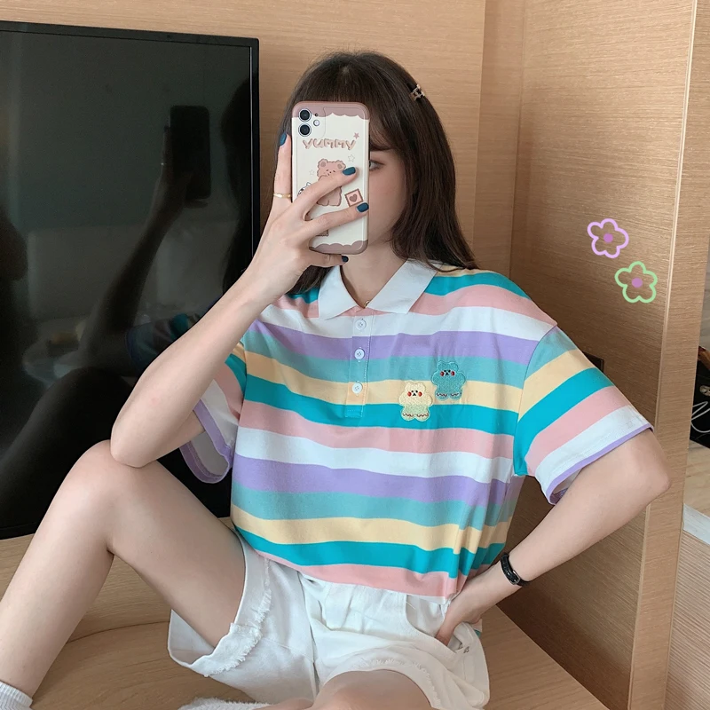 

Casual Ins Rainbow Striped Sweet T-shirt Women's T-shirts Tops Japanese Kawaii Ulzzang Female Korean Harajuku Clothes For Women