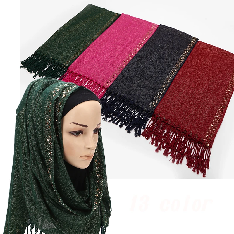 1PC Crystal Edges Foulard Hijab Muslim Wraps Fashion Luxury Diamond Sides Shawl Women Plain Shinny Tassel Solid Color Scarf |