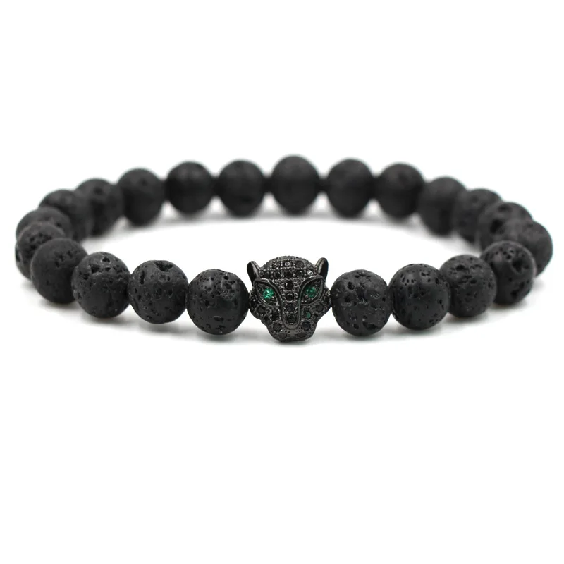 

Hot Cassic Natural Black Volcanic Lava Stone Bracelets Pave CZ Leopard head Bracelets Bangles for Men&Women Friend Charm Jewelry