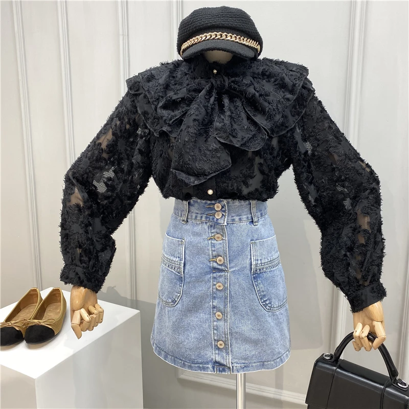 

Sweet Bandage Cloth Bow Tops Women's 2020 Spring New Style Fashion Stand Collar Loose-Fit Chiffon Shirt Blouses Tops Mujer