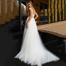 

HAMMAH Elegant Appliques O-neck See Through Long A-line Tulle Back Button Wedding Dress Formal Occasion Vestido De Novia