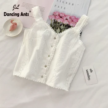 

Woman Vest Sexy Strap V-neck Sleeveless Lace Crop Top Hollow Out Backless Button Loose Female Short Tank Tops For Party