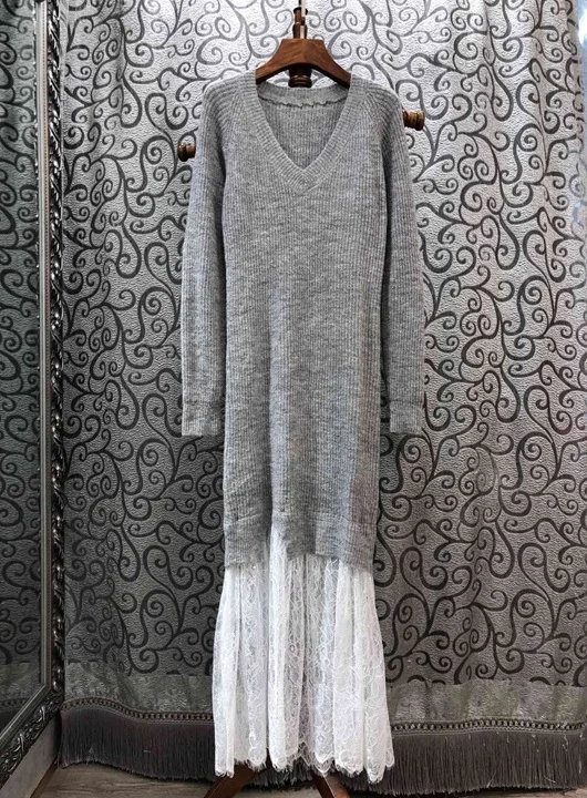 Autumn Winter Fashion Sexy Sweater Dress High Qality Women V-Neck White Lace Patchwork Long Sleeve Grey Knitted Dress