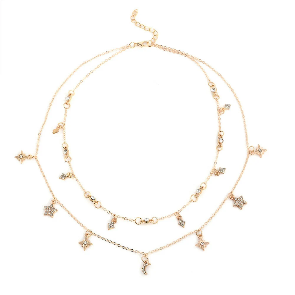 Модный простой сплав ожерелье многослойная пентаграмма луна кулон ключицы
