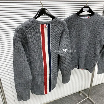 

AlphaGym TB THOM Brand Sweaters Men Women Loose O-Neck Pullovers Clothing Striped Spliced Wool Thick Winter Casual Coat