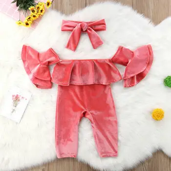

Toddler Kid Baby Girls Velvet Clothes Off Shoulder Ruffles Fashion Party Jumpsuit Romper Outfits Set