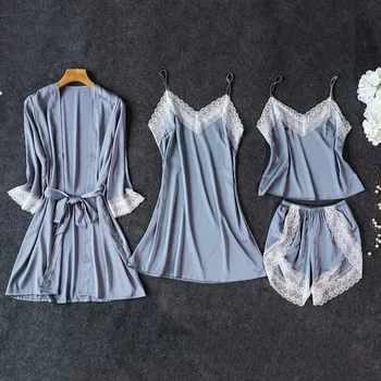 

Plus Size 2XL 2020 Women Pajamas Sets Satin Sleepwear Silk 4 Pieces Nightwear Pyjama Spaghetti Strap Lace Sleep Lounge Pijama