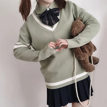 

Autumn Winter JK Uniform Matcha Green V-neck Sweater Girls Student Thicken Striped School Uniform Pullover Tops College style