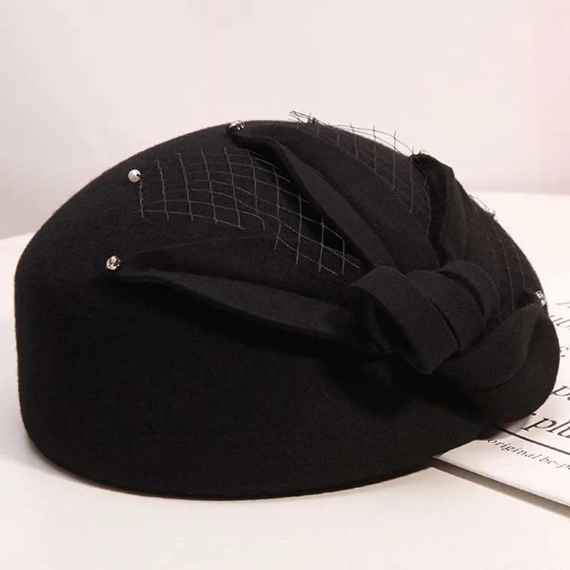 Fibonacci New Fashion Women Beret Fedoras Floral Wool Felt Hat Pearl Mesh Dinner Party Autumn Winter Hats Cap