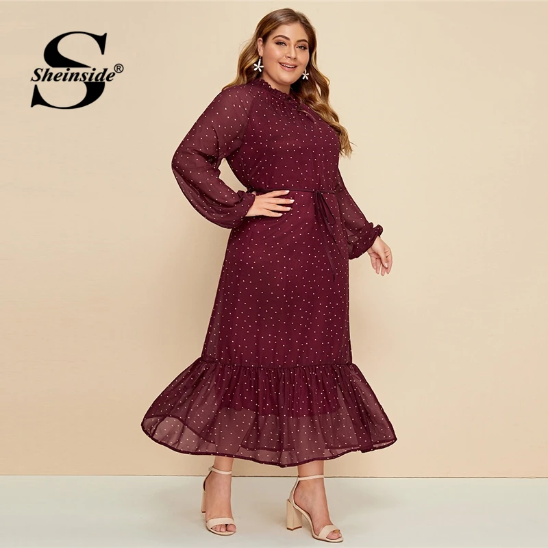 

Sheinside Plus Size Burgundy Polka Dot Chiffon Dress Women 2019 Autumn Lantern Sleeve A Line Dresses Ladies Frilled Neck Dress