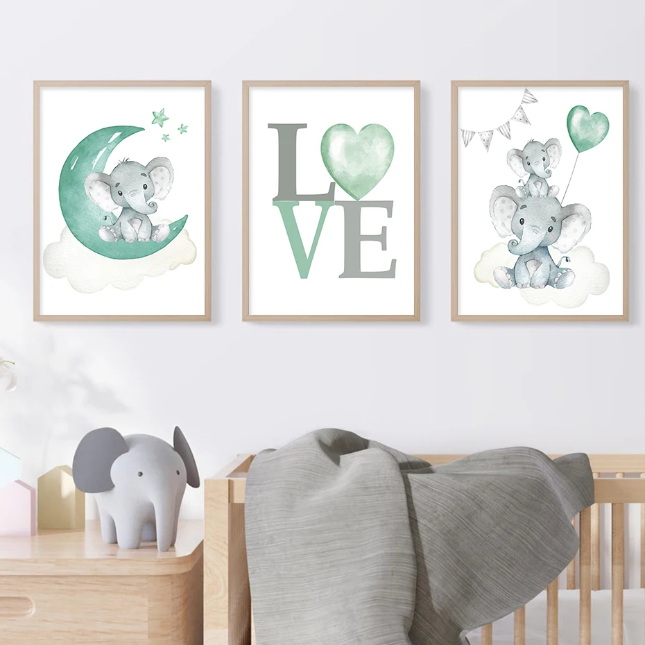 Elephant Wall Art Baby Boy Elephant Nursery Decor Paintings Canvas