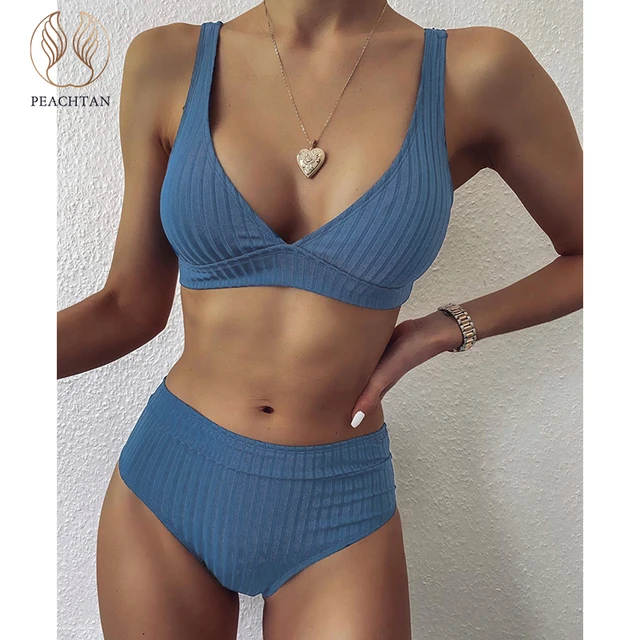 Peachtan Sexy solid ribbed bikinis 2021 mujer High waist swimsuit women V neck swimwear female Sport bathing suit Stripe biquini 3
