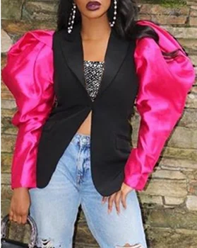 

Women Puff Sleeve Color Block Patchwork Notcched Collar Long Sleeve Chic Spring Fall Pockets Design Streetwear Top