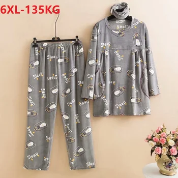 

winter women fleece Pajamas Sets cartoon letter casual tops and pants home sleepwear suit large size 6XL 8XL loose Pijamas gray