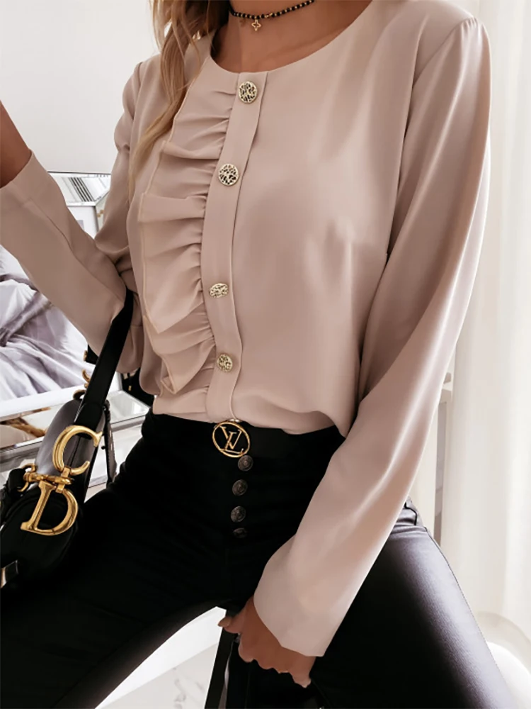 Blusa informal de manga larga para primavera y verano, camisa de cuello redondo con botones elegantes para mujer, 2020