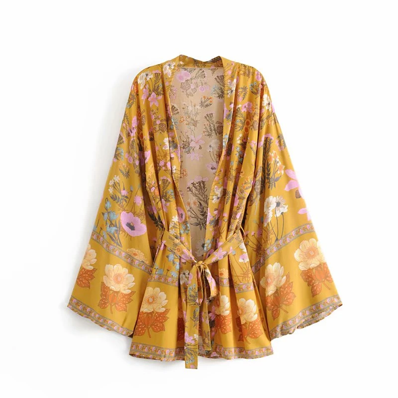 Vintage chic women floral print sashes bat sleeve beach Bohemian kimono dresses Ladies V neck Tassel Summer Boho dress vestidos - Цвет: yellow