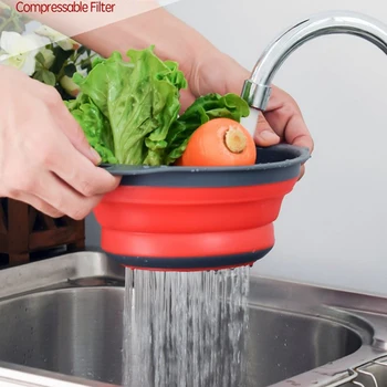

2PC Compressable Filter Round Water Filter Basket With Handle Fruit Basket Telescopic Folding Drain Brasket Kitchen Tools