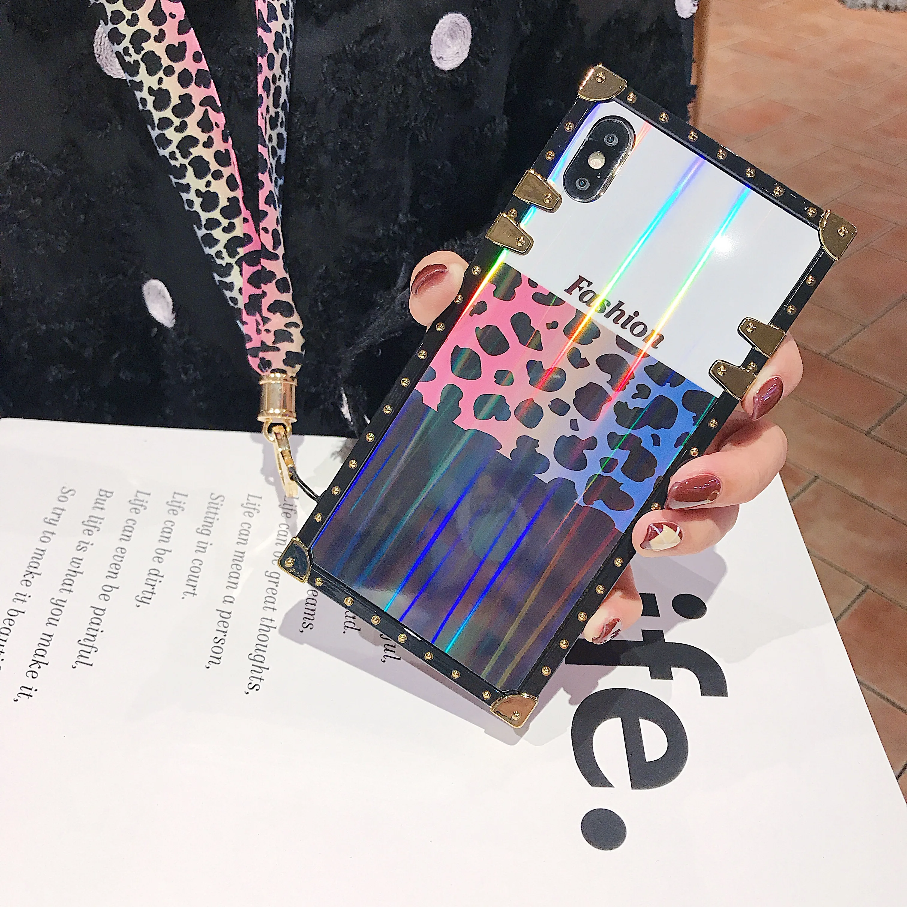

Laser Aurora Leopard For OPPO A1K F11/ A9 F11PRO F9/A7X Reno Z Case Cover Square Corner Lanyard Soft Silicone