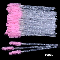 50-Pack Glitter Mascara Wands and Eyebrow Brushes - Mini Crystal Beauty Tools Set (White pink)