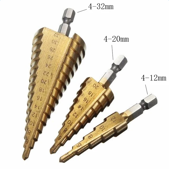 Conjunto de brocas cónicas de paso Hss, cortador cónico métrico, 4-12/20/32mm, 1 / 4 ", brocas de sierra hexagonal de metal recubierto de titanio, 3 piezas 5