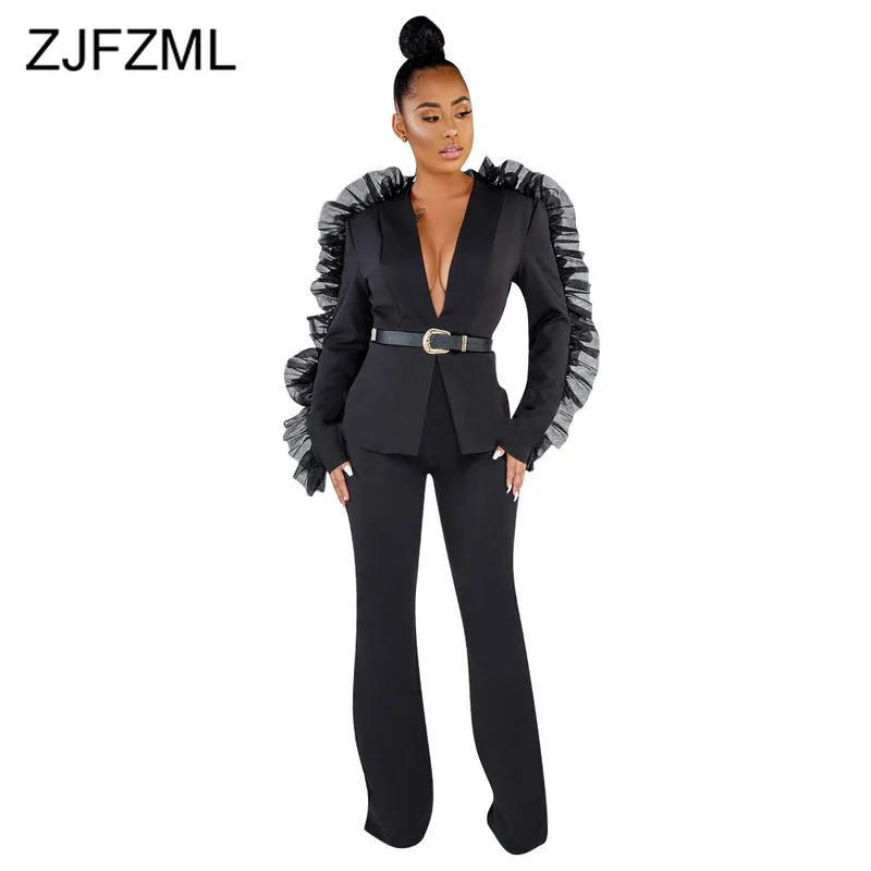 

Causal Solid Sheer Mesh Patchwork Autumn Two Piece Blazer Set Women Long Sleeve Slim Blazers and Wide Leg Pants Sexy Club Outfit