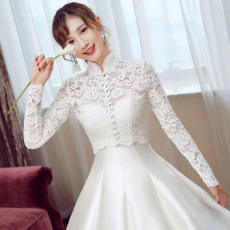 

Full Sleeve Lace Wedding Jacket Custom made size Bridal Bolero 2020 with Collar Button Bride Shrug Women Summer Bridal Shawl