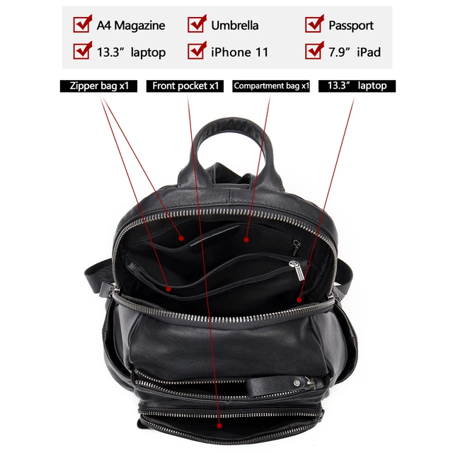WESTAL 100% Cowhide Genuine Leather Bacckpack for Women Black Laptop Backpacks for School Bags Ladies Daypacks for Travel 6502 6