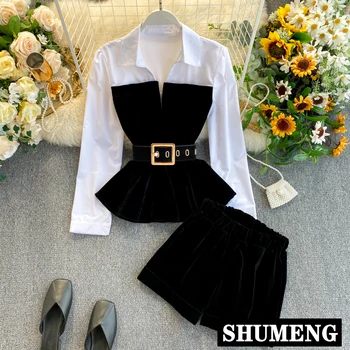 

2020 Spring Autumn Long Sleeve Velvet Tops with Belt Elastic Shorts Two Piece Set Lady Elegant Black Shorts Set