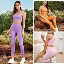 Conjunto esportivo feminino de ioga, 2 peças, top e sem costura, cintura alta, legging, roupa de ginástica
