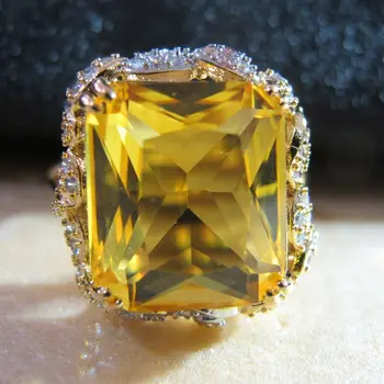 

925 sterling silver big yellow topaz emerald cut citrine ring with yellow zircon gemstone for women party vintage Fine jewelry