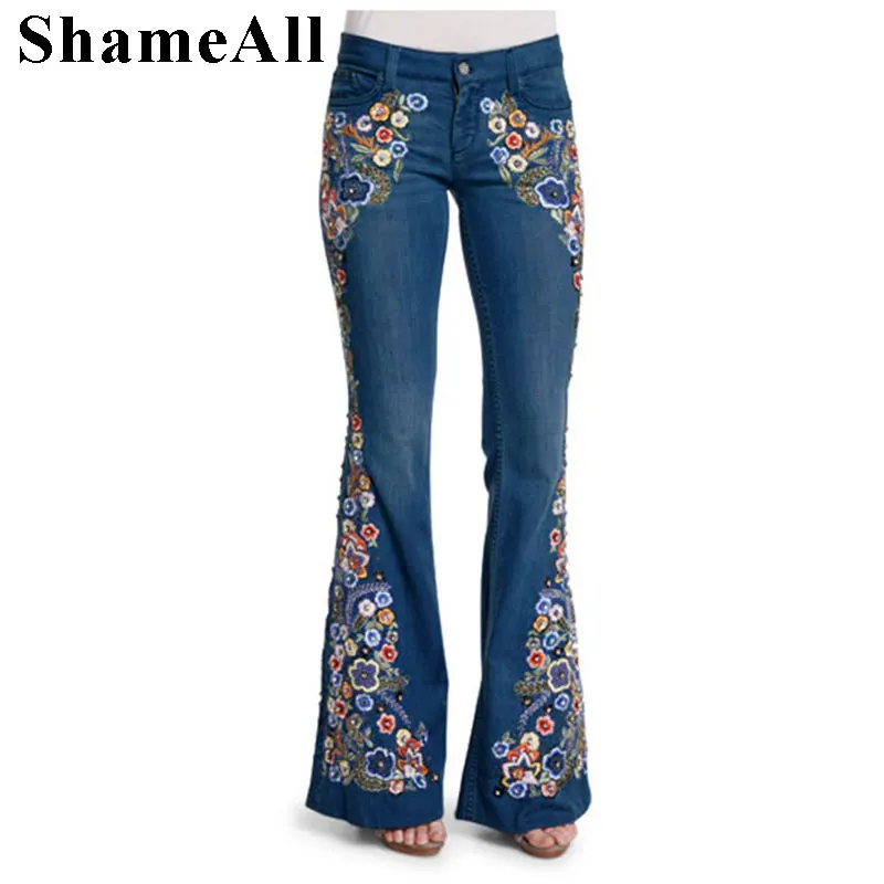 spring-women-plus-size-multicolor-boho-floral-embroidery-long-flare-jeans-3xl-4xl-highstreet-wide-leg-bell-bottom-denim-pants