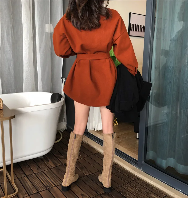Autumn And Winter New Style Korean-style Elegant Waist Hugging Slimming Short-height Mid-length Lantern Sleeve Woolen Jacke